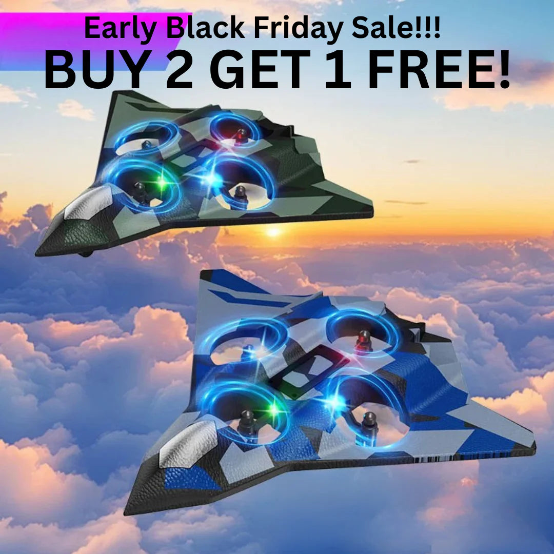 360° Indestructible Fighter Jet Toy – LED Lights, One-Key Takeoff, 4-Fan Power, Top Gift for Kids