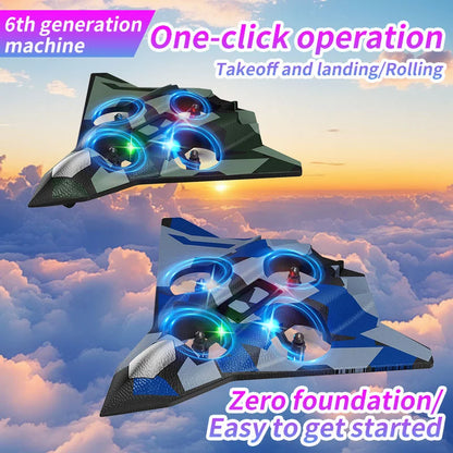 360° Indestructible Fighter Jet Toy – LED Lights, One-Key Takeoff, 4-Fan Power, Top Gift for Kids