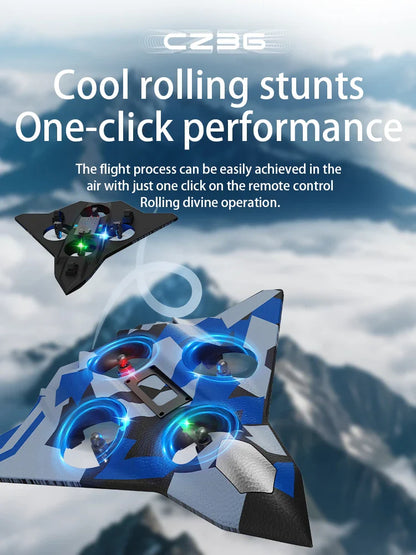 360° Indestructible Fighter Jet Toy – LED Lights, One-Key Takeoff, 4-Fan Power, Top Gift for Kids